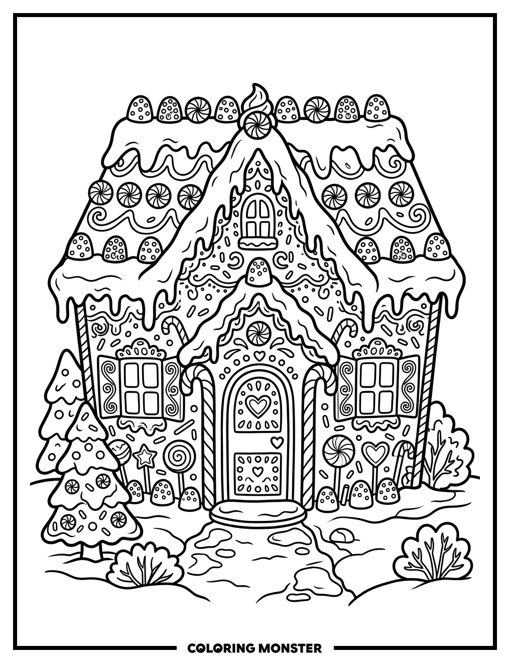 Gingerbread House With Gumdrops and Candy Canes Coloring Page
