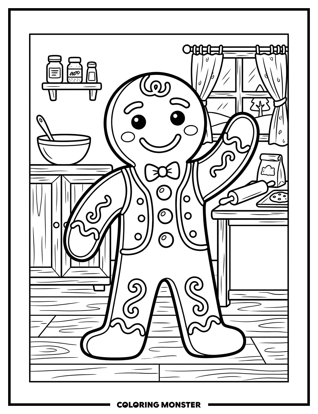 Gingerbread Man in Kitchen Coloring Page