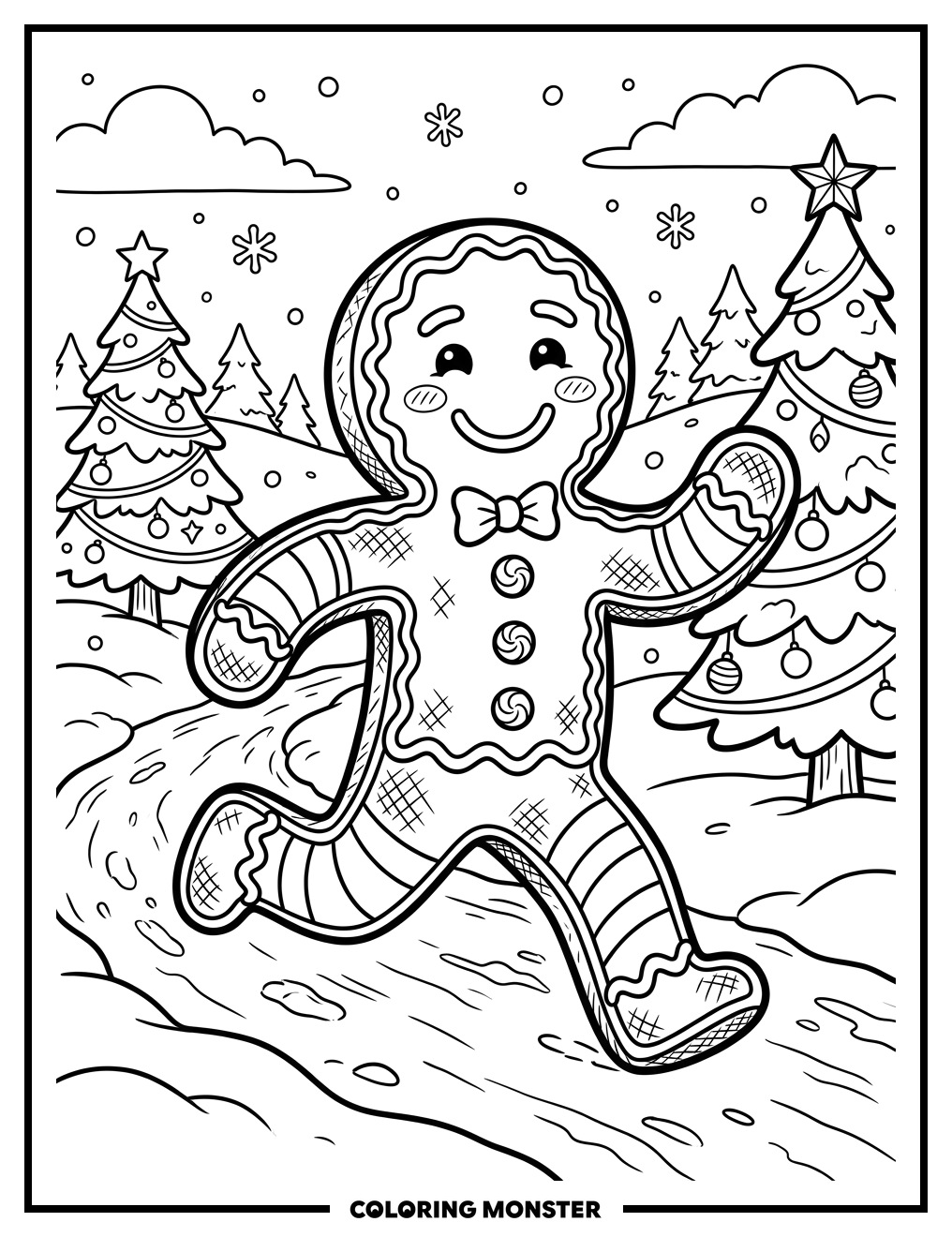 Gingerbread Man in Snowy Landscape Coloring Page