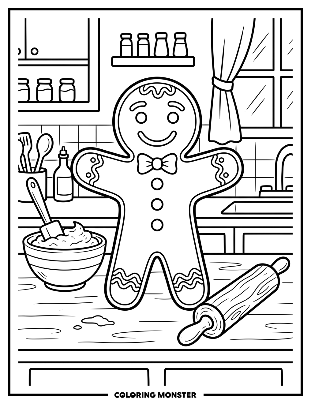 Gingerbread Man on Kitchen Counter Coloring Page