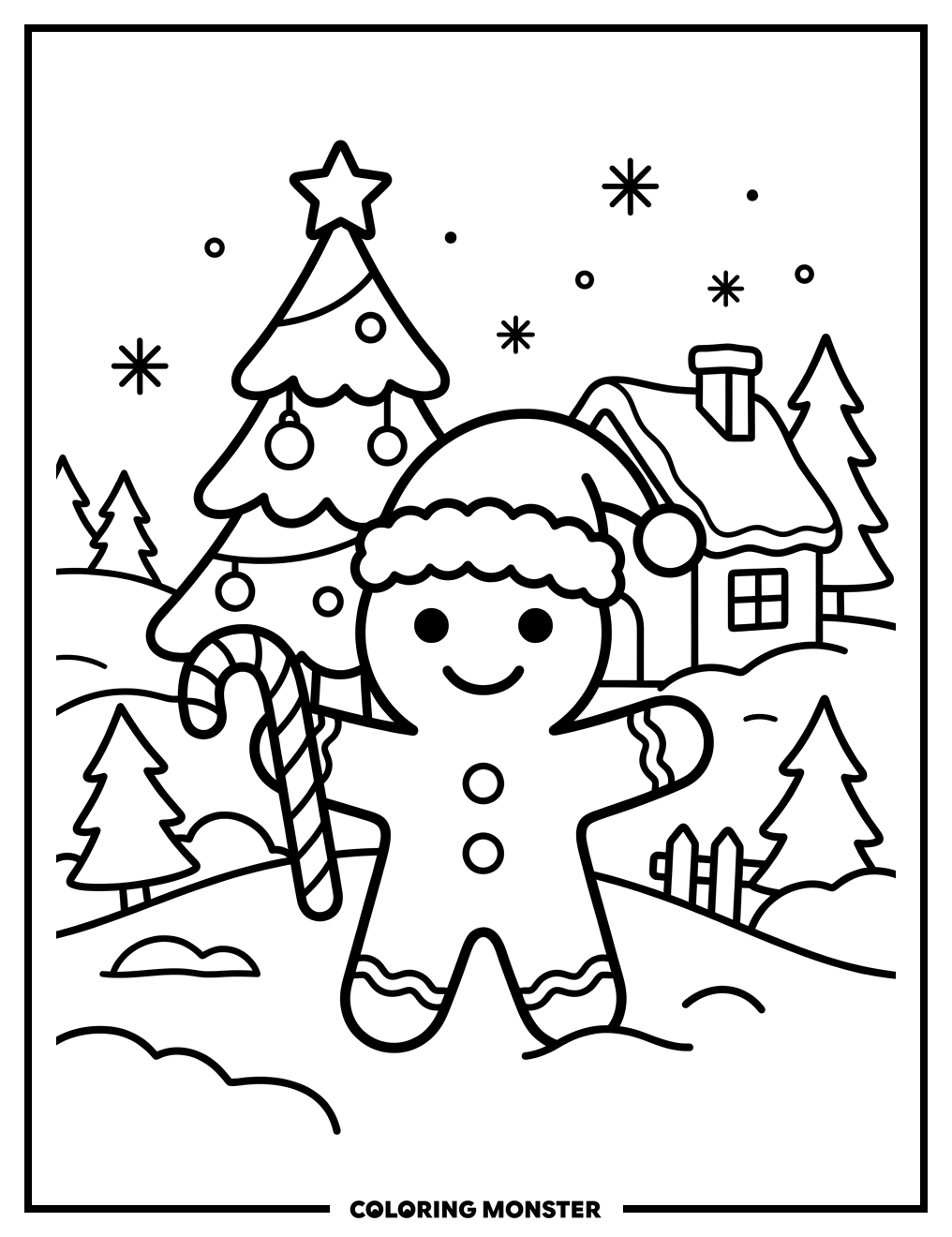 Gingerbread Man With Candy Cane Coloring Page