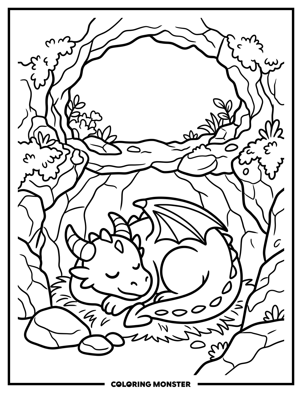 Gingerino the Dragon Asleep in Cave Coloring Page