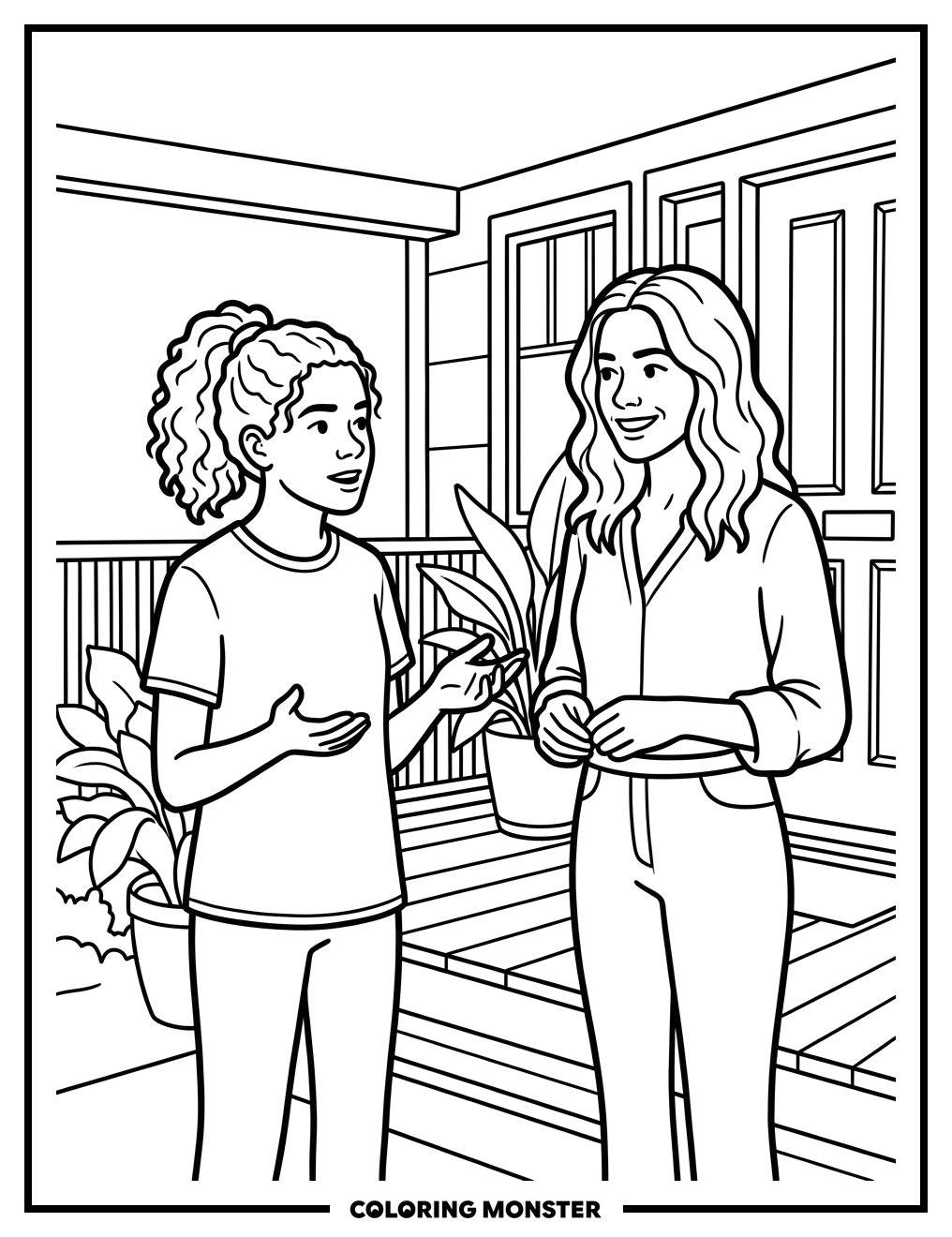 Ginny and Georgia Chatting on Porch Coloring Page