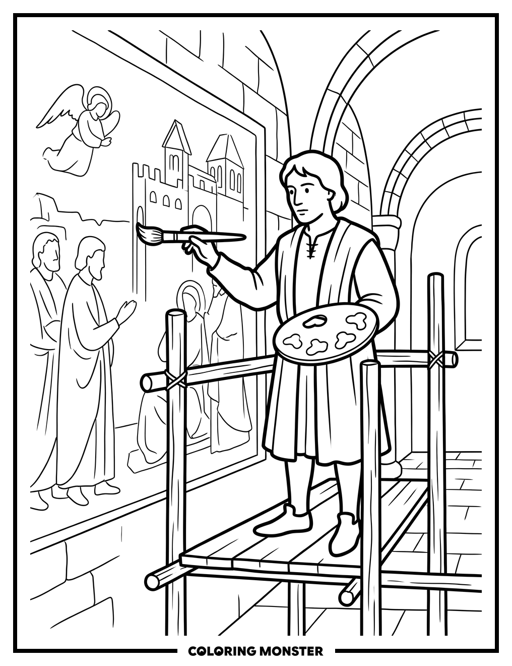 Giotto Painting a Church Fresco Coloring Page