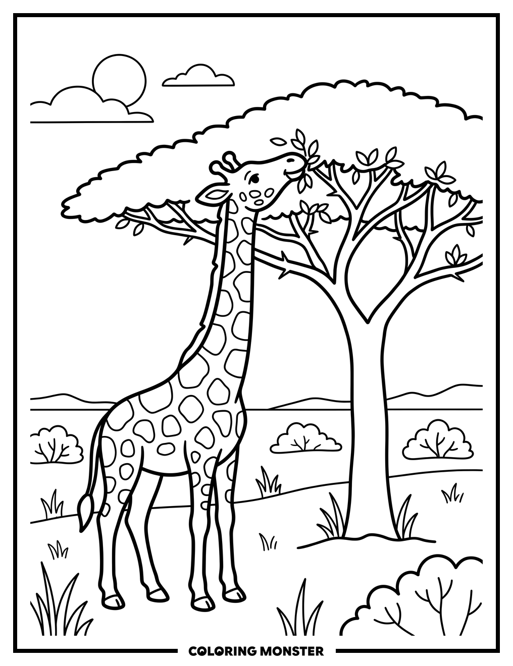 Giraffe Eating From Acacia Tree Coloring Page