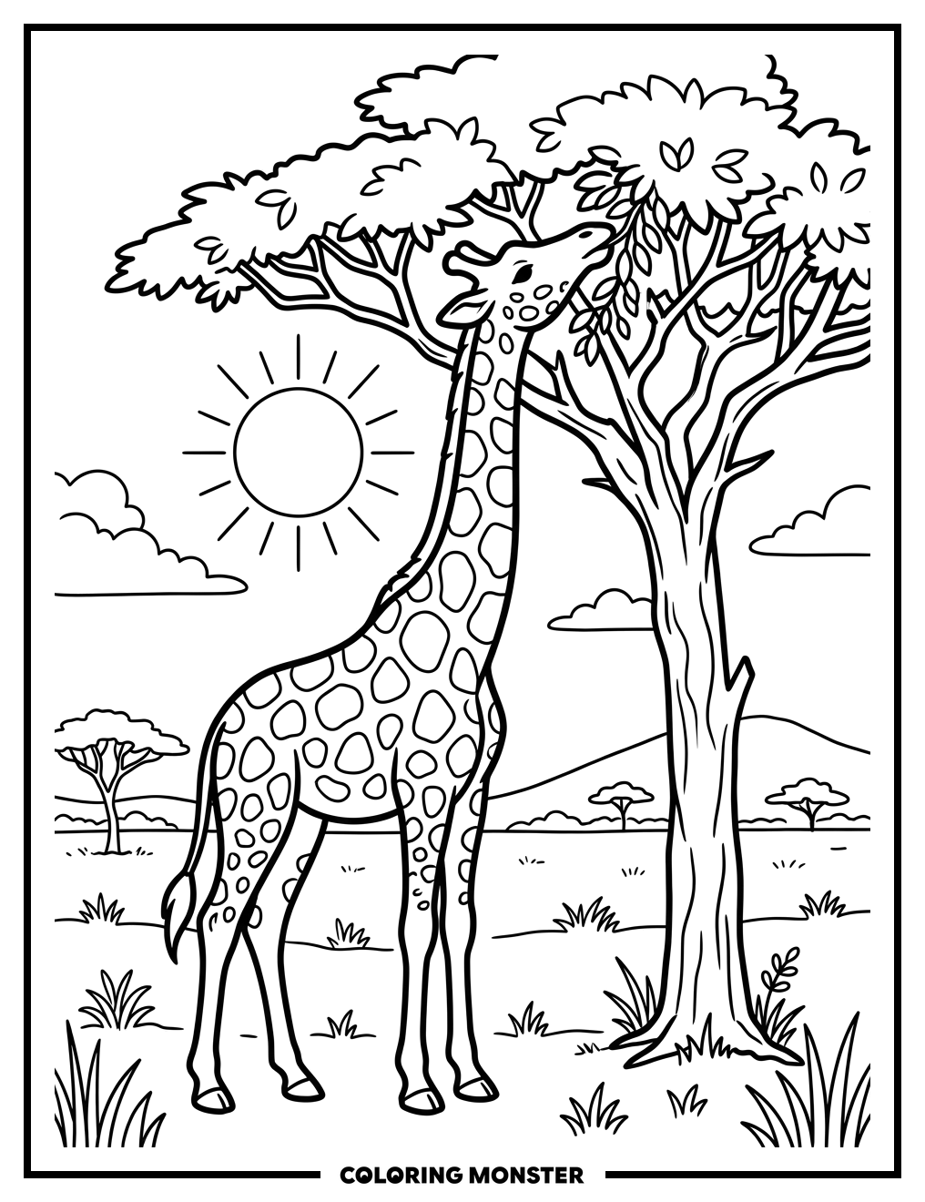 Giraffe Eating From Acacia Tree Coloring Page