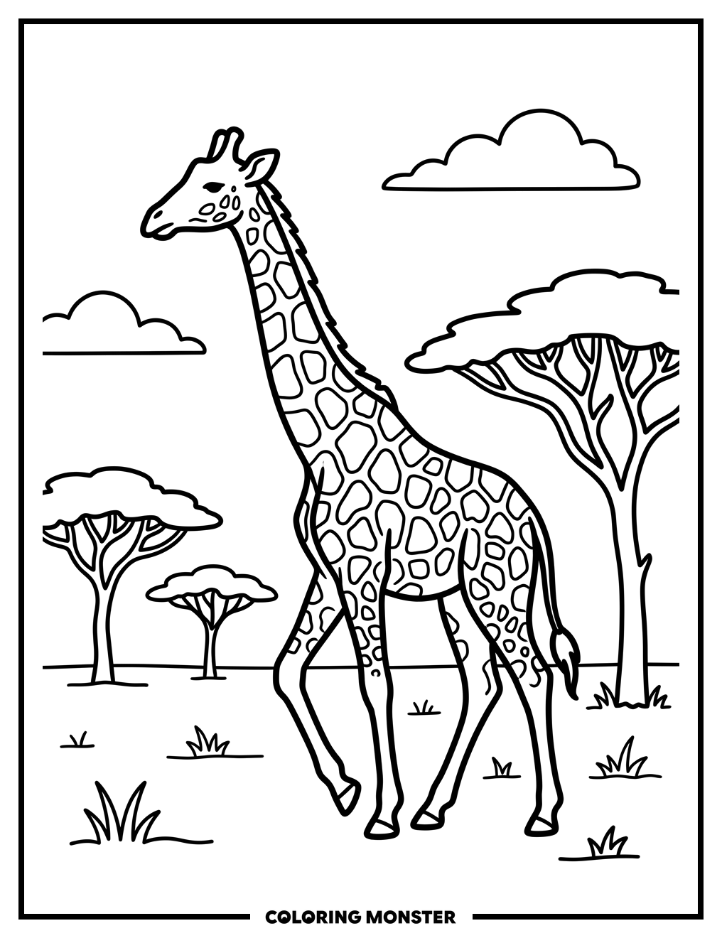 Giraffe on the Savanna Coloring Page