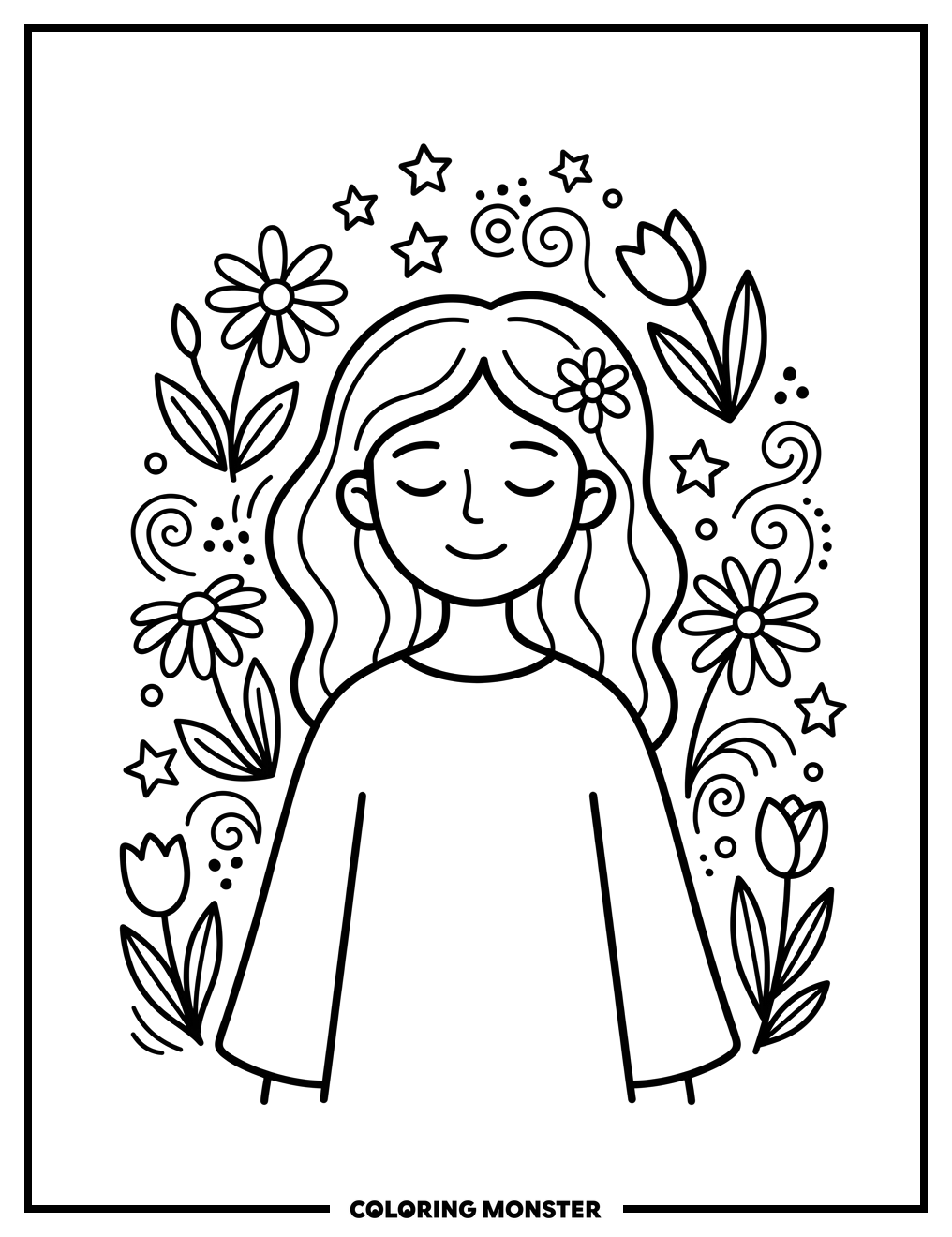 Girl Among Flowers and Stars Coloring Page
