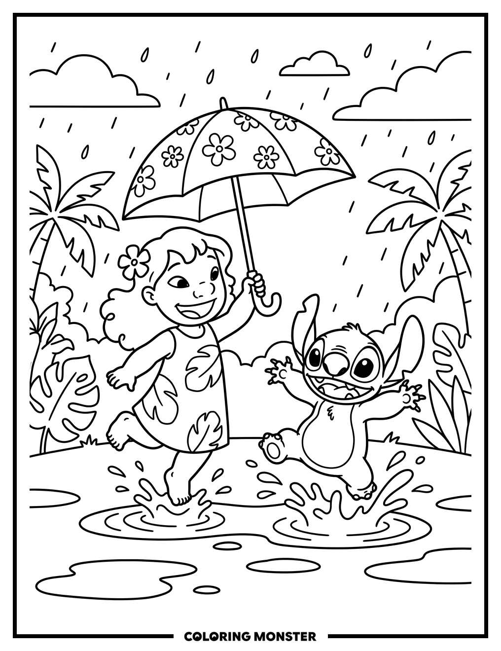 Girl and Alien in Puddle Coloring Page