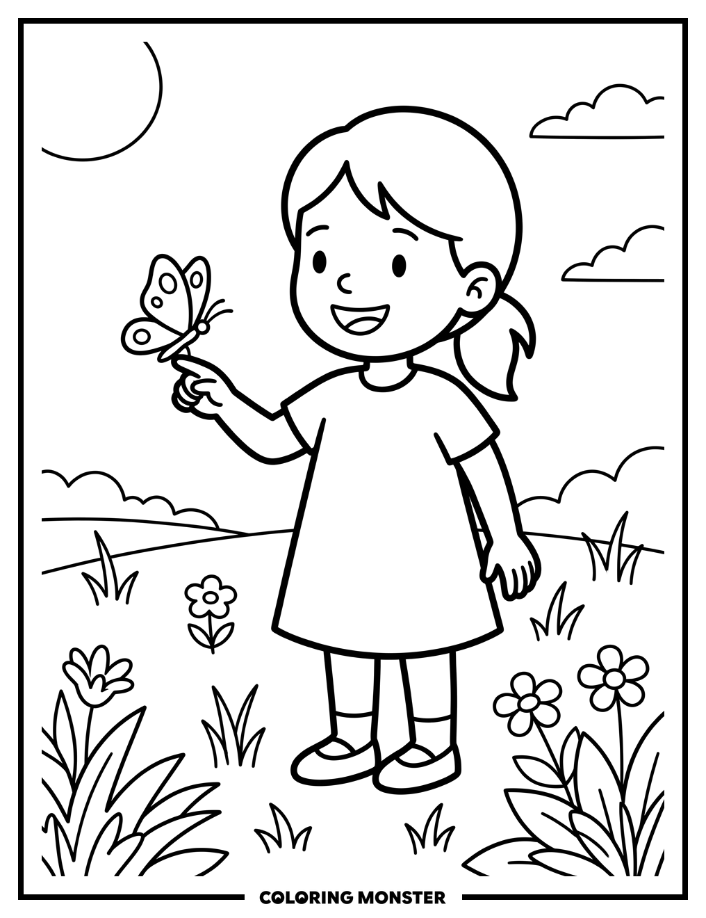 Girl and Butterfly in Meadow Coloring Page