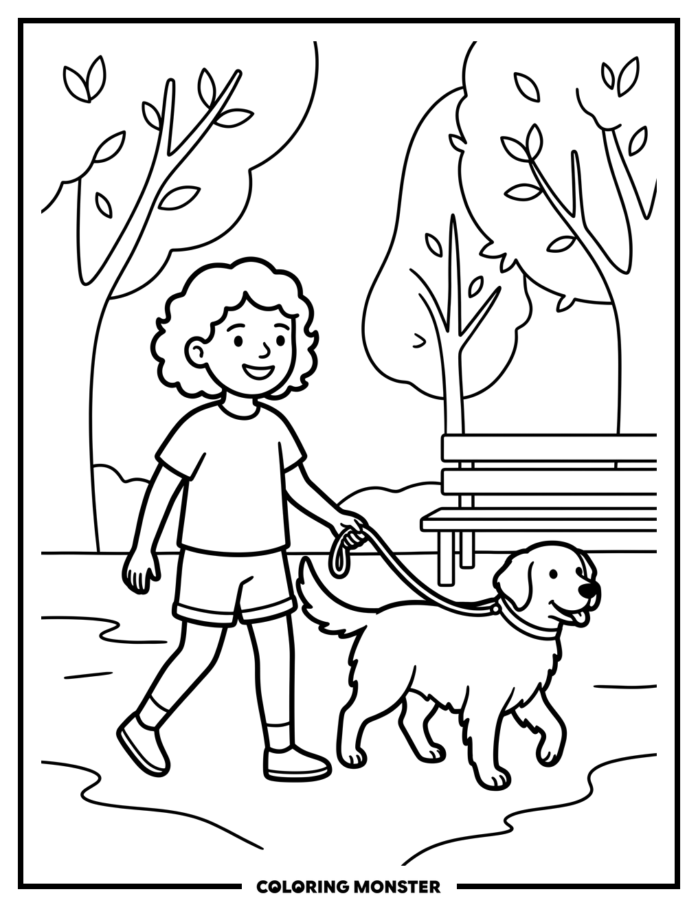 Girl and Golden Retriever in Park Coloring Page
