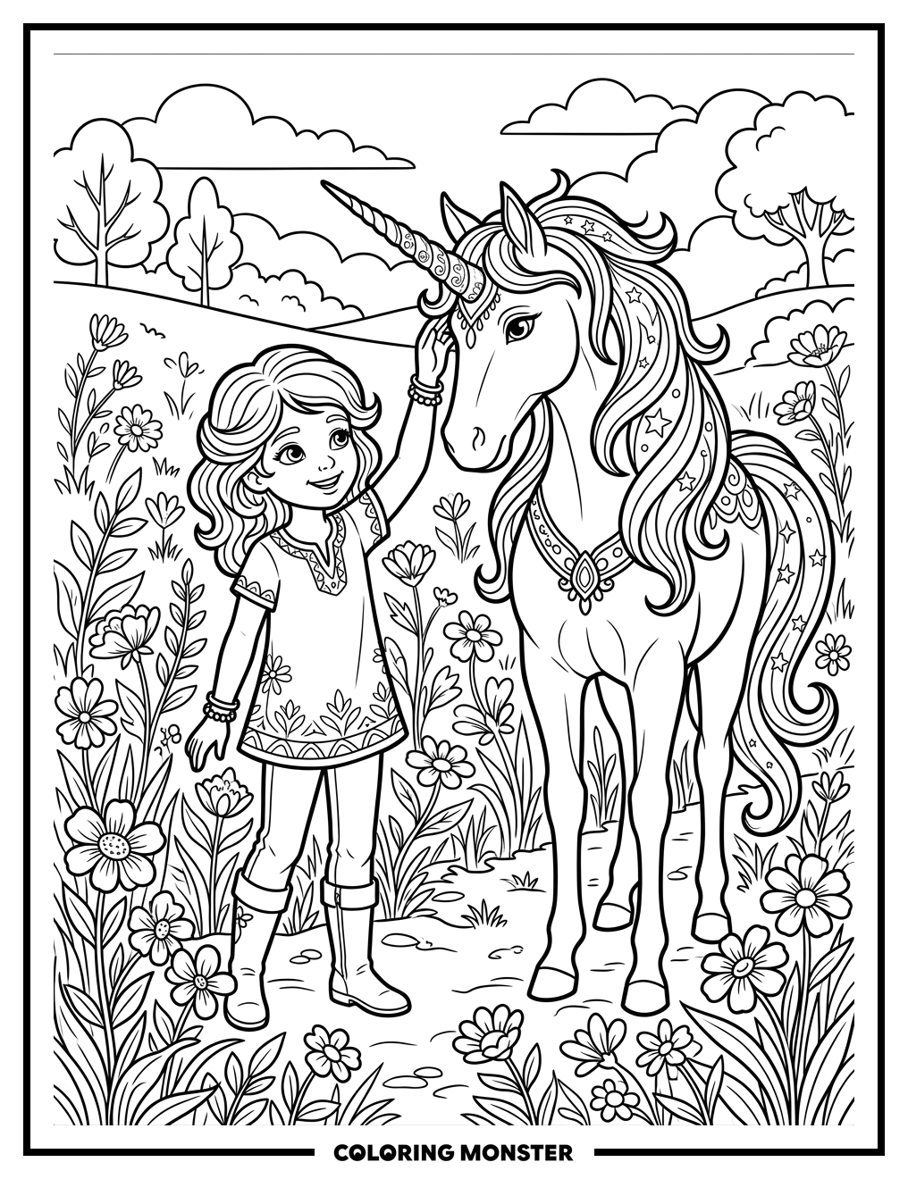 Girl and Unicorn in Flower Field Coloring Page