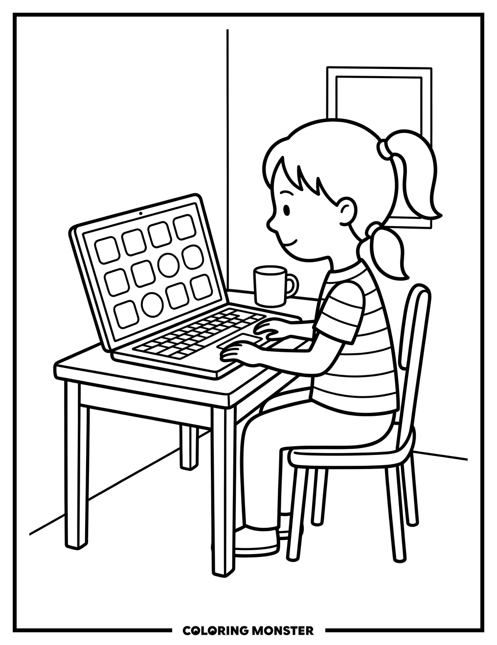 Girl At Desk With Laptop Coloring Page