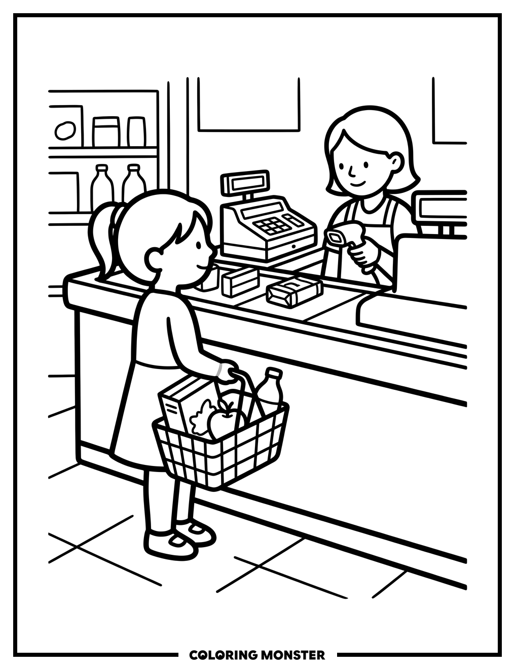 Girl At Grocery Checkout Coloring Page