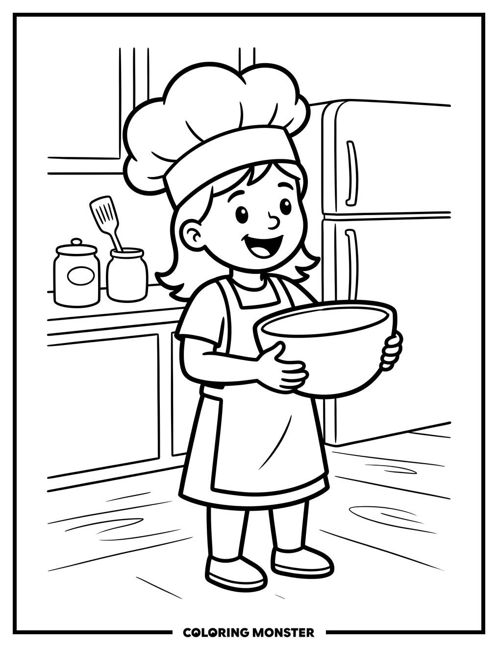 Girl Baking in Kitchen Coloring Page