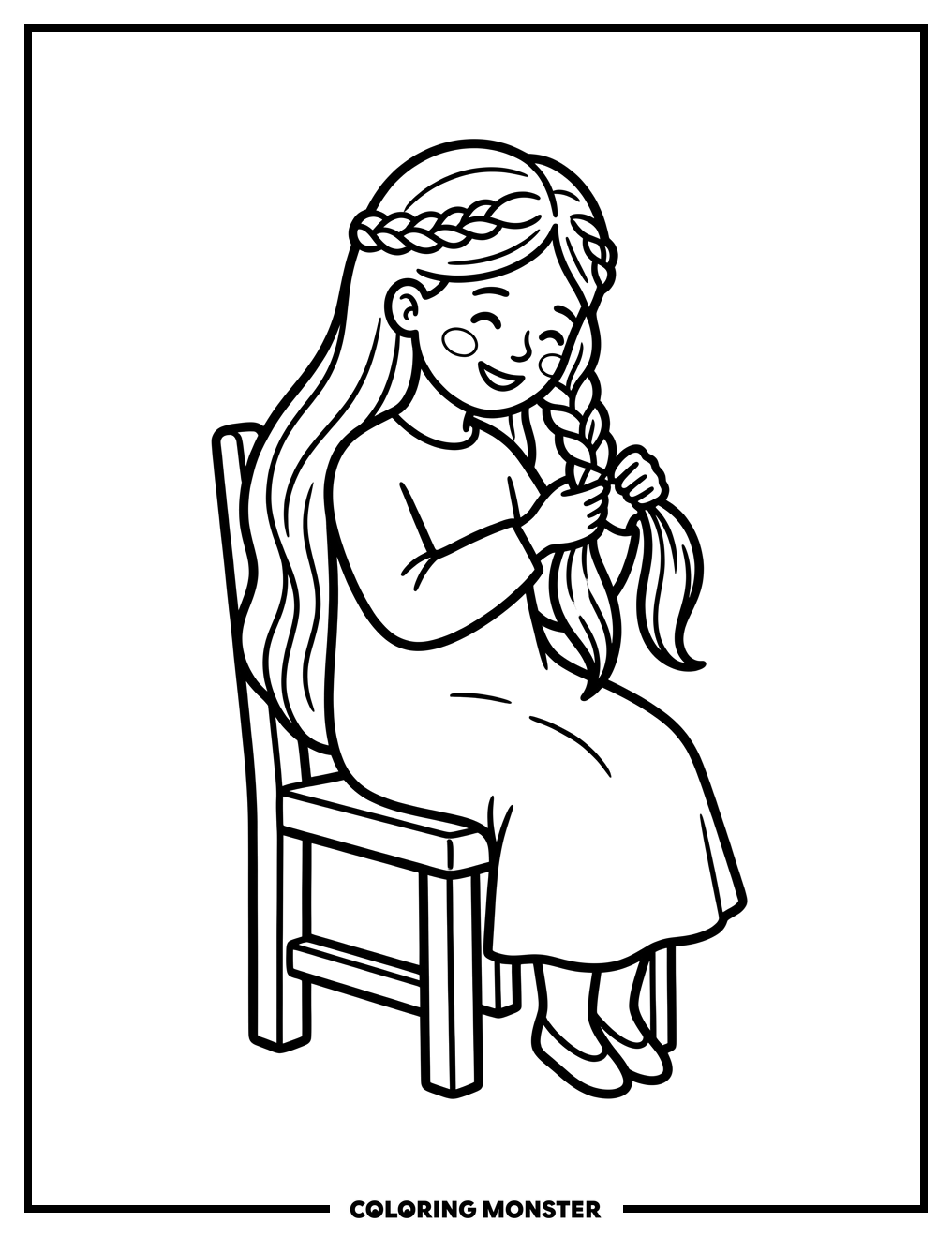 Girl Braiding Her Hair Coloring Page