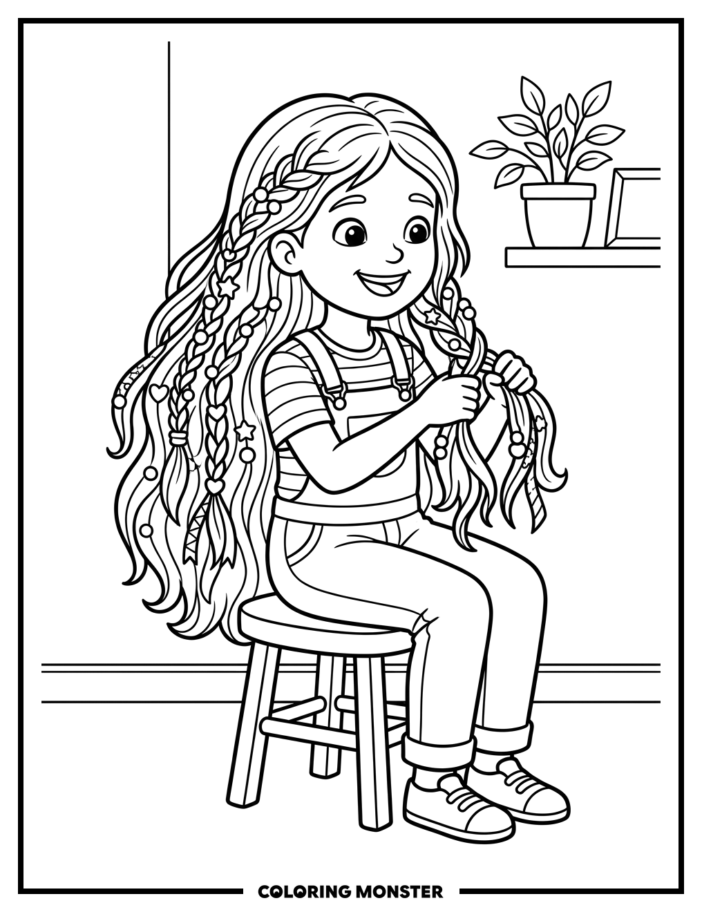 Girl Braiding Her Long Hair Coloring Page