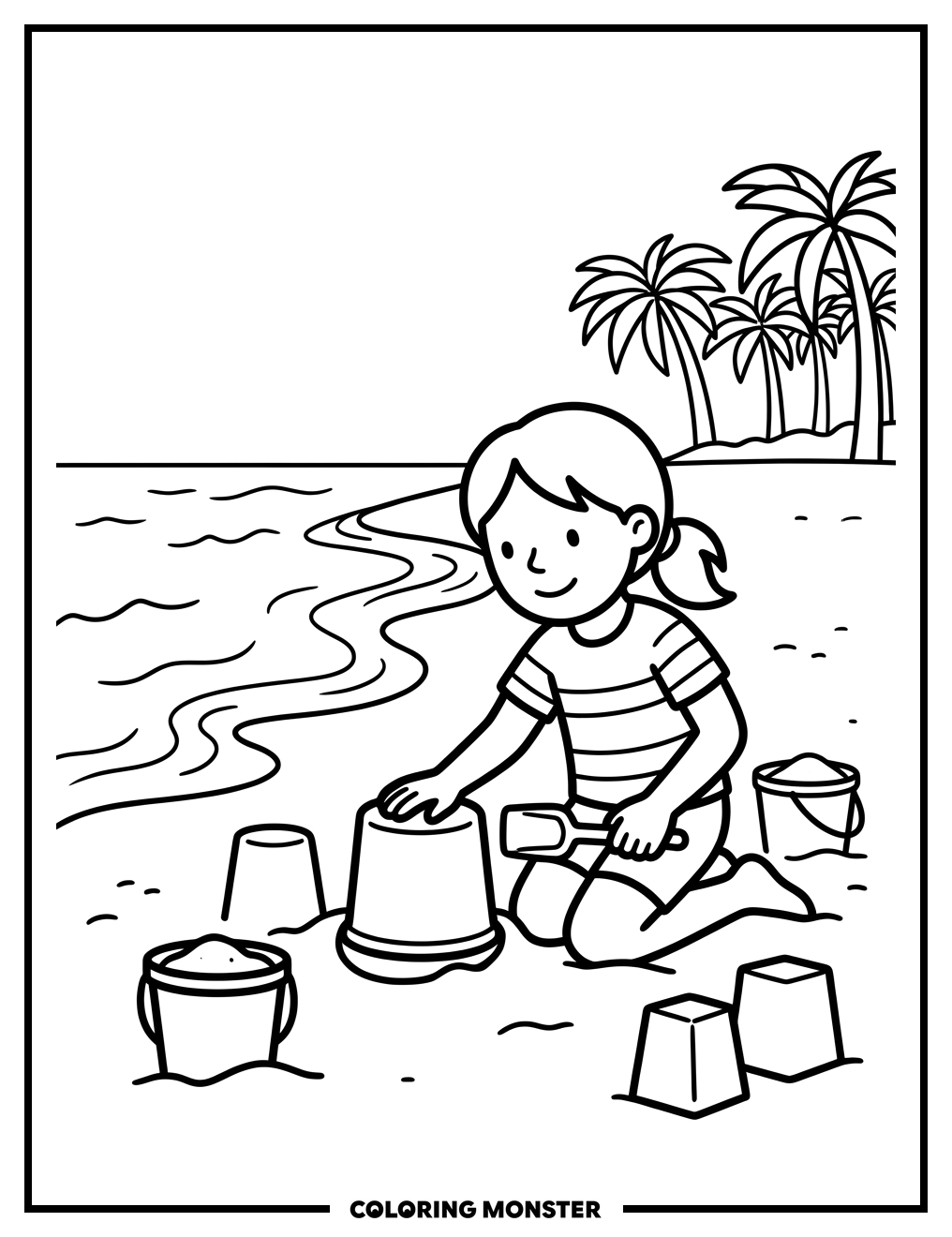 Girl Building Sandcastle on Beach Coloring Page