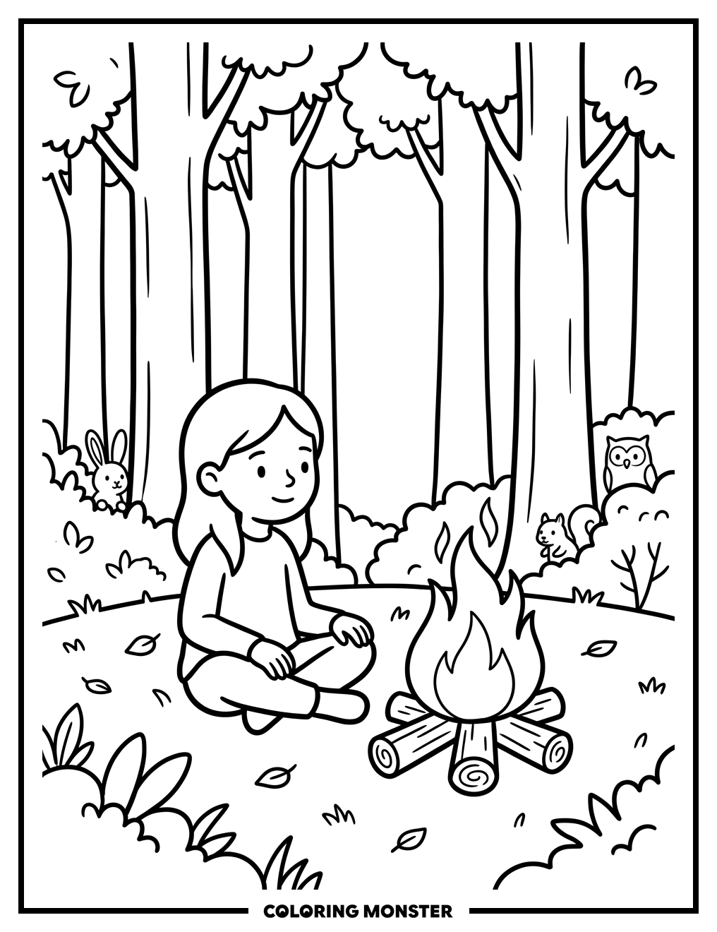 Girl Camping by a Forest Fire Coloring Page