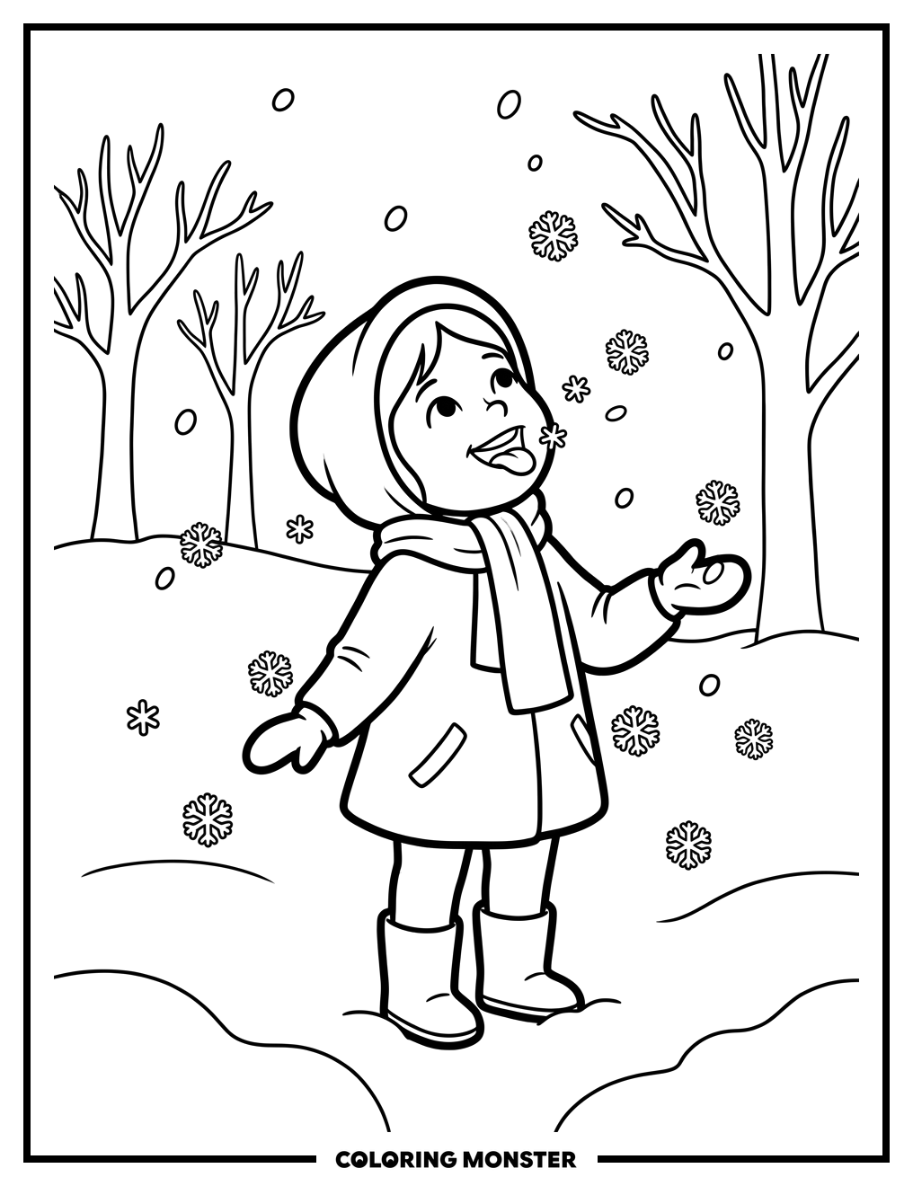 Girl Catching Snowflakes Coloring Page