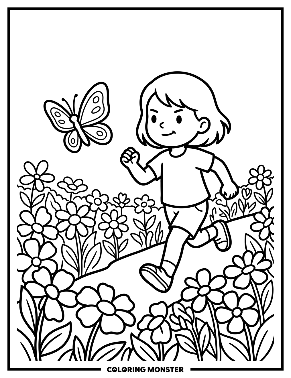 Girl Chasing Butterfly in Meadow Coloring Page