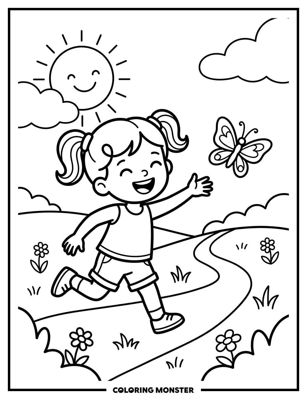 Girl Chasing Butterfly in Meadow Coloring Page