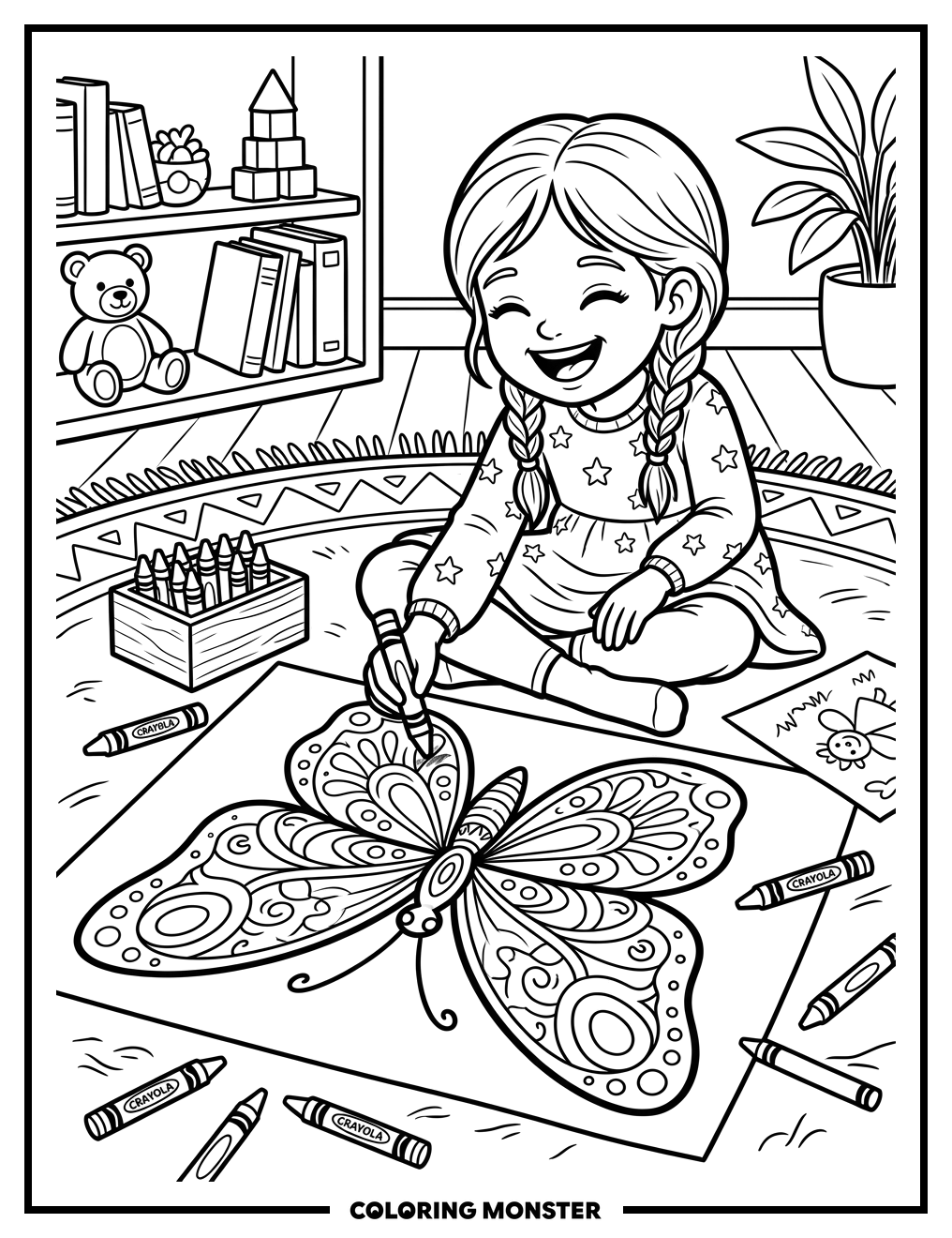 Girl Coloring a Butterfly Coloring Page