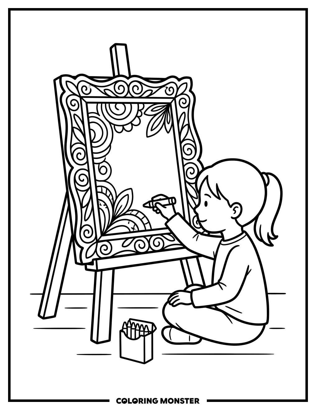 Girl Coloring a Picture Frame Coloring Page