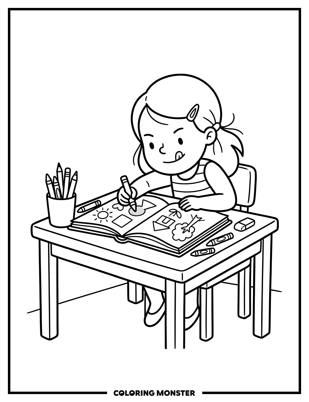 Girl Coloring in a Book Coloring Page