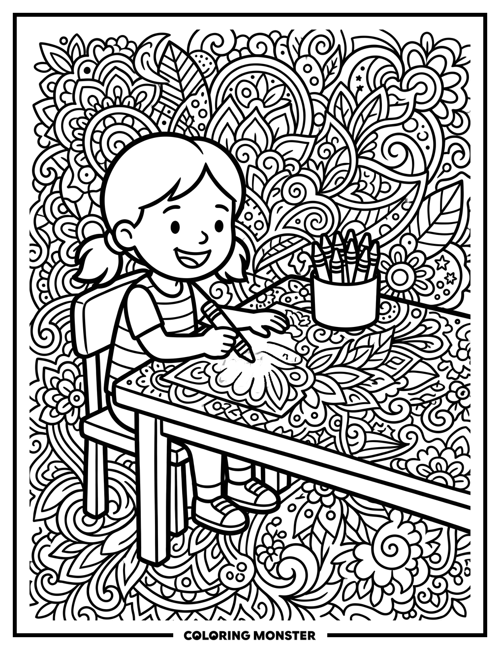 Girl Coloring Intricate Pattern Coloring Page