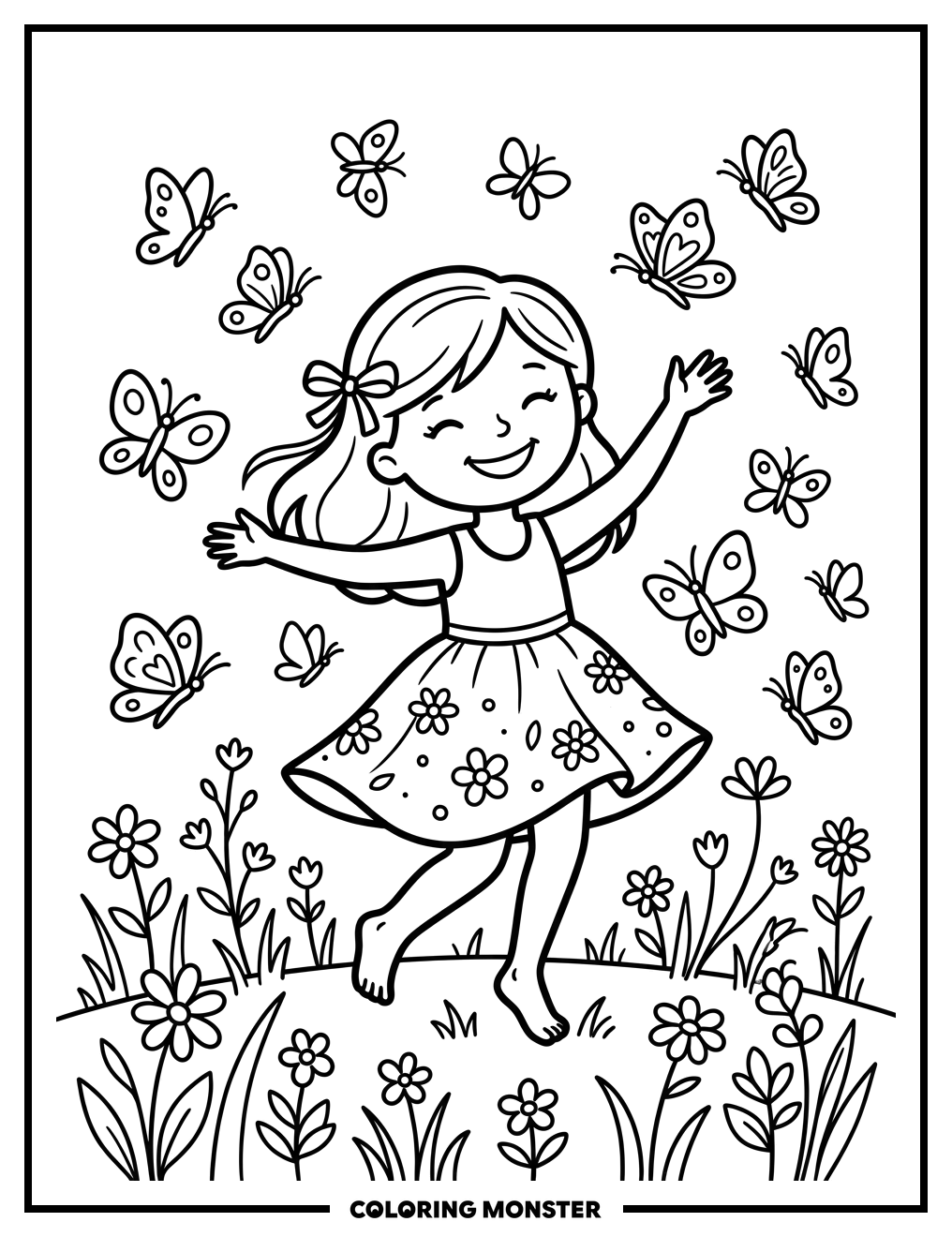 Girl Dancing in Butterfly Meadow Coloring Page