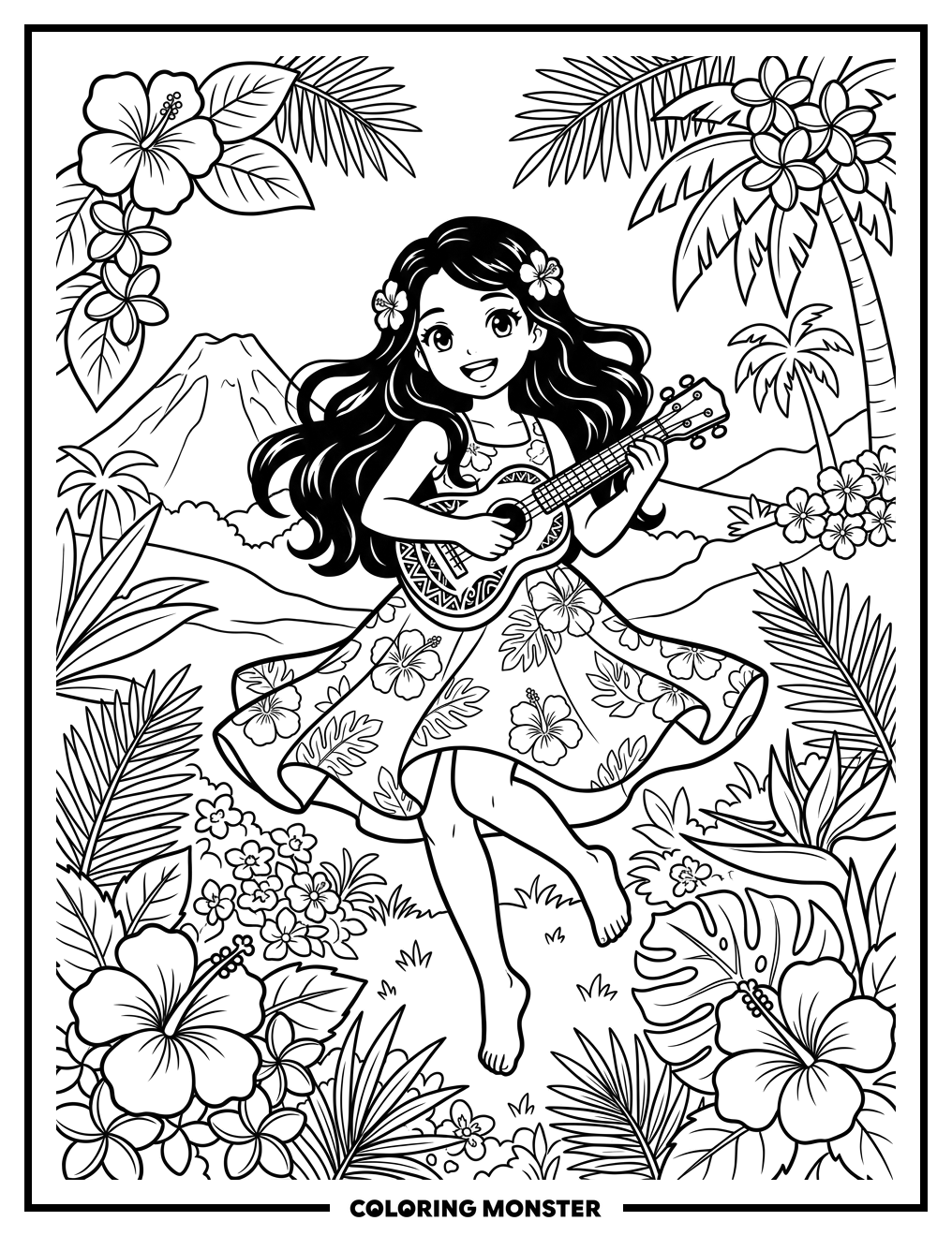 Girl Dancing With Ukulele In Hawaii Coloring Page