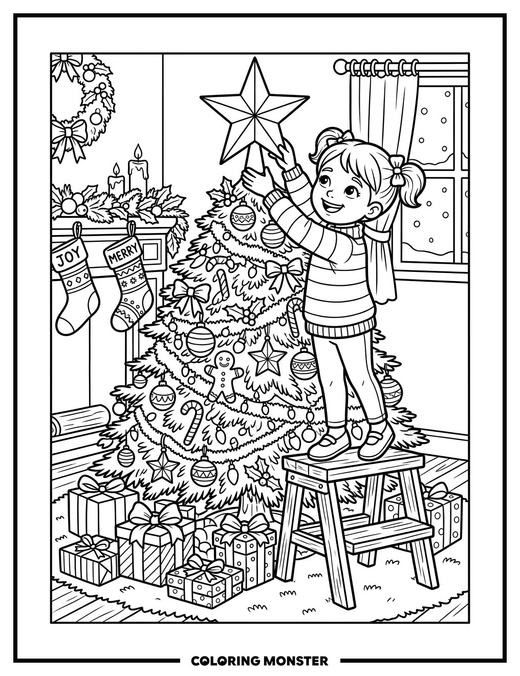 Girl Decorates Christmas Tree Coloring Page