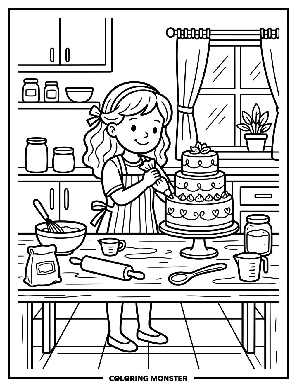 Girl Decorating a Tiered Cake Coloring Page