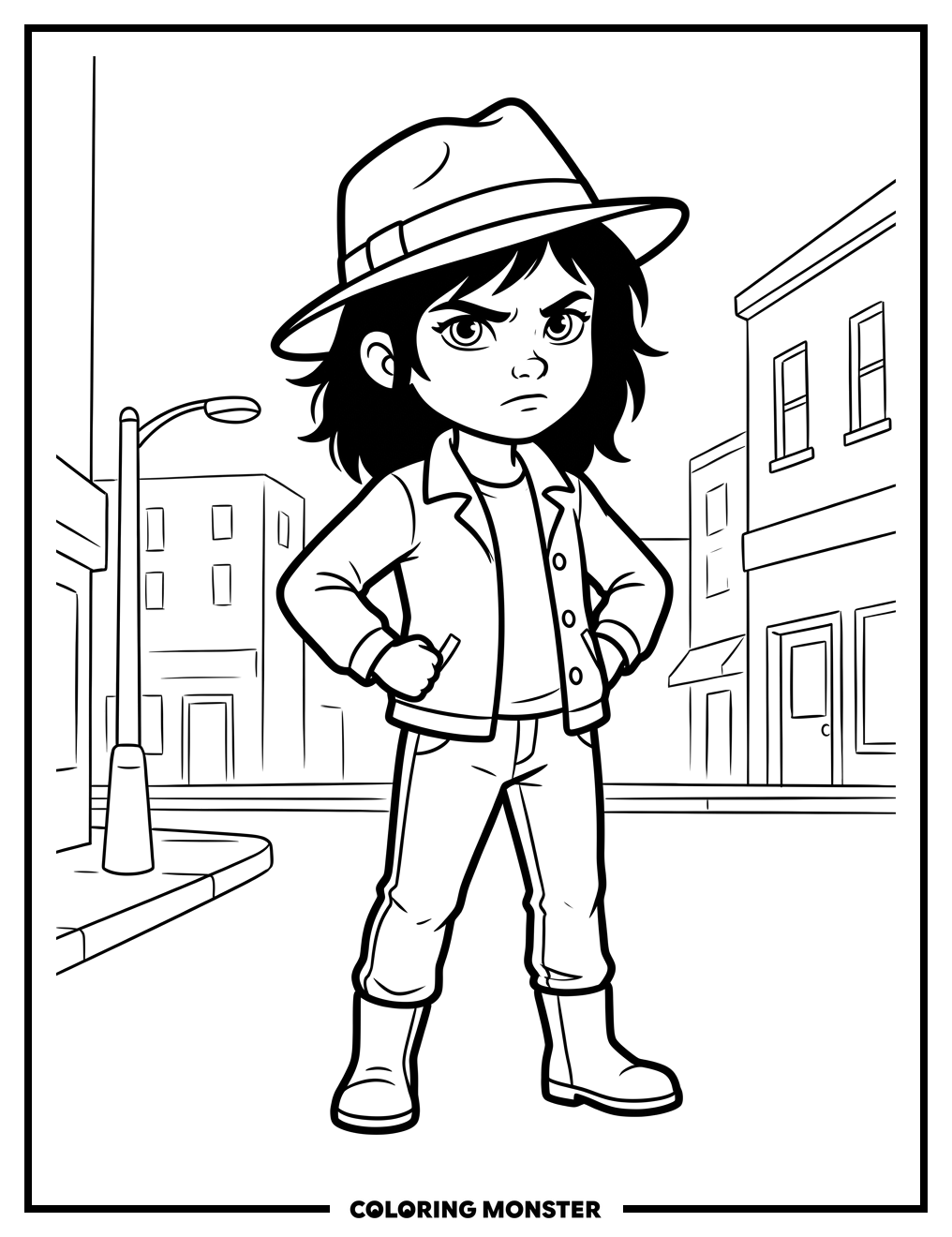Girl Detective in Fedora Coloring Page