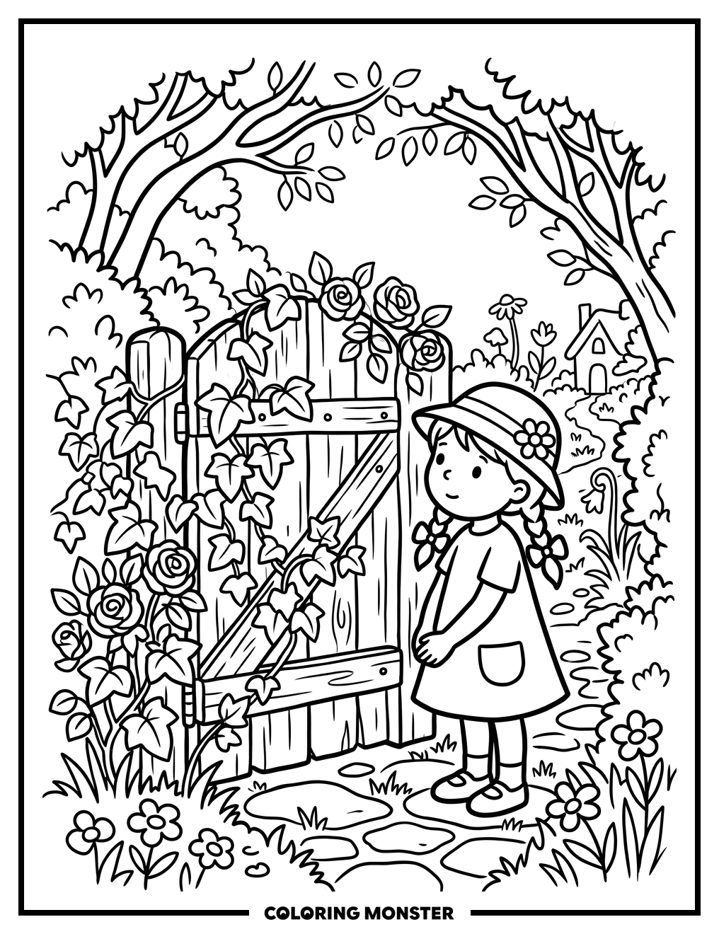 Girl Discovers A Magical Garden Gate Coloring Page