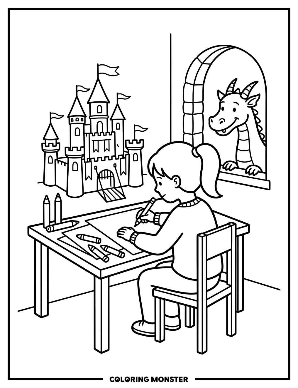 Girl Drawing a Fantasy Castle Coloring Page