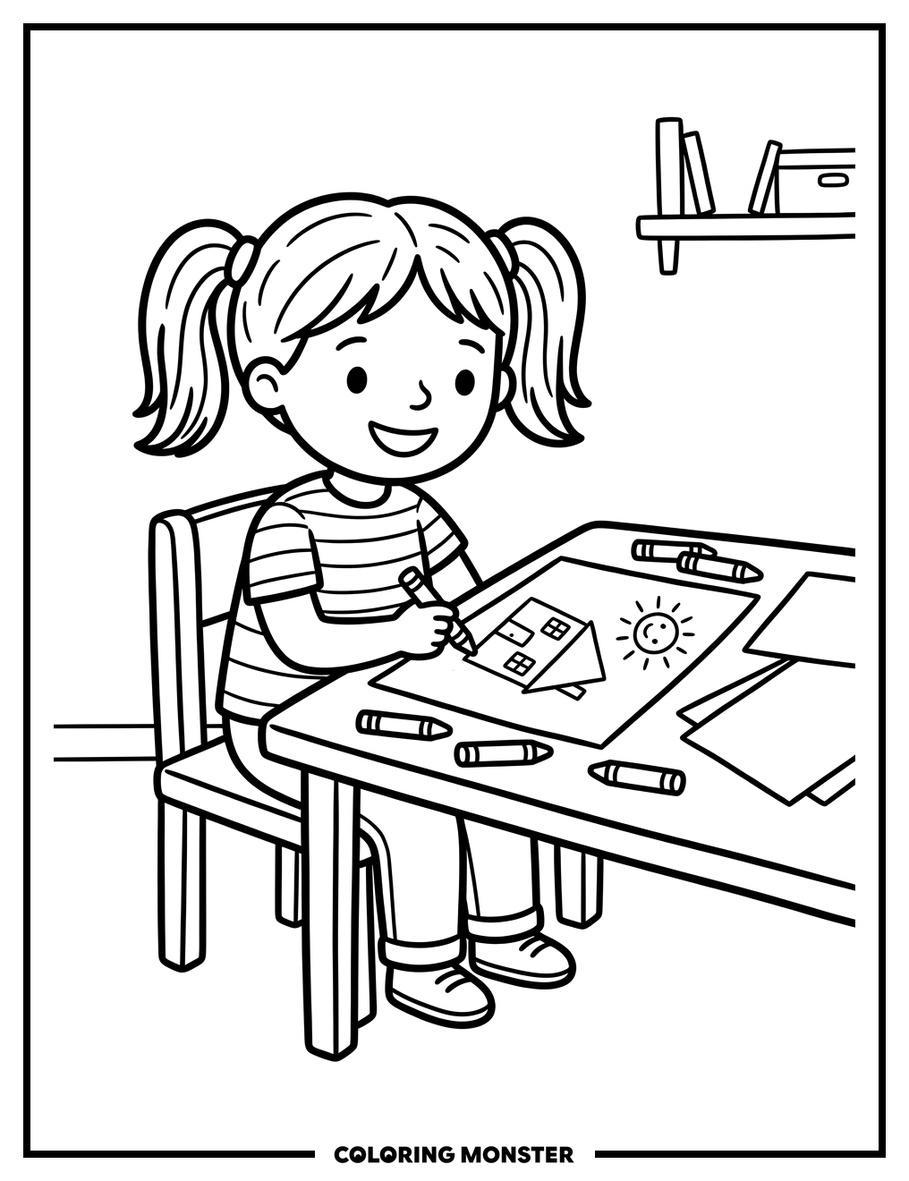 Girl Drawing a House and Sun Coloring Page