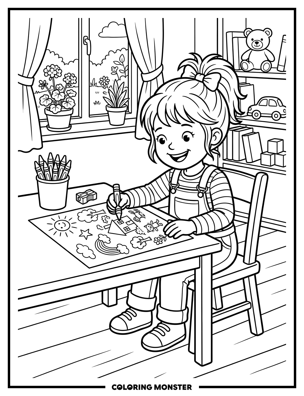 Girl Drawing with Crayons at Table Coloring Page