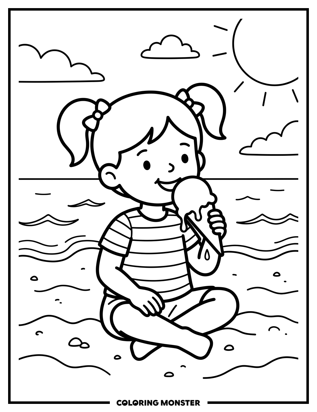 Girl Eating Ice Cream on Beach Coloring Page