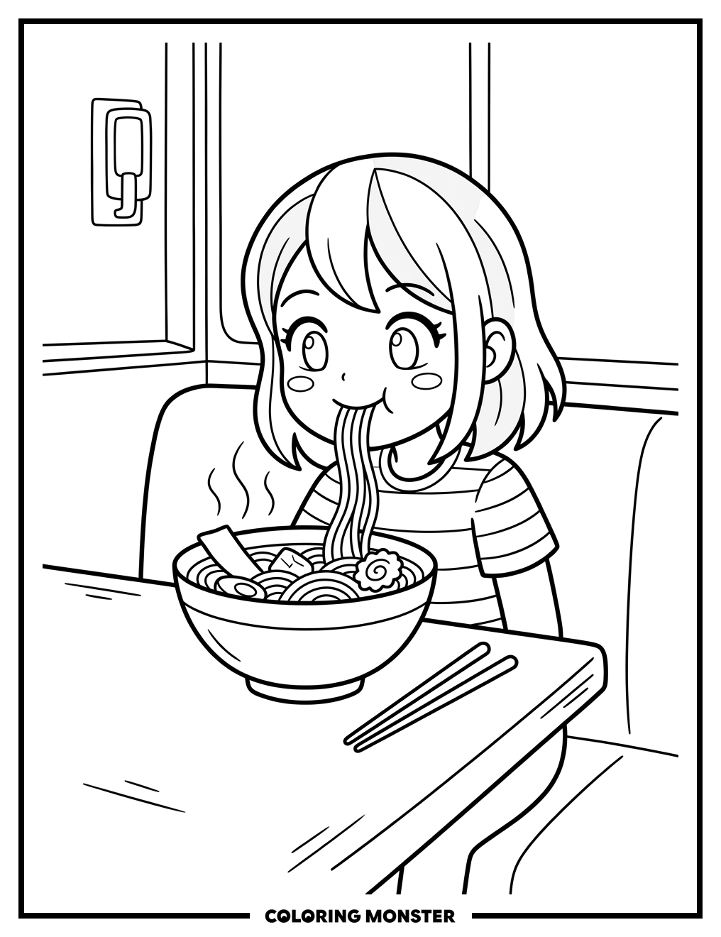 Girl Eating Ramen Noodles Coloring Page