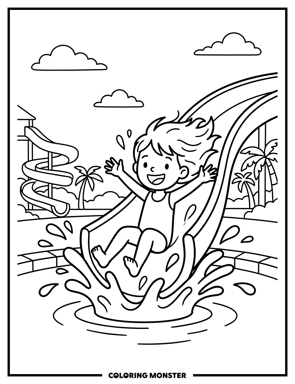 Girl Enjoying A Water Slide Coloring Page