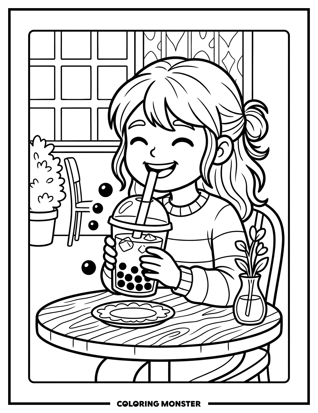 Girl Enjoying Bubble Tea at Cafe Coloring Page
