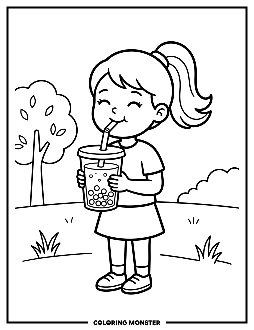 Girl Enjoys Boba Tea in Park Coloring Page