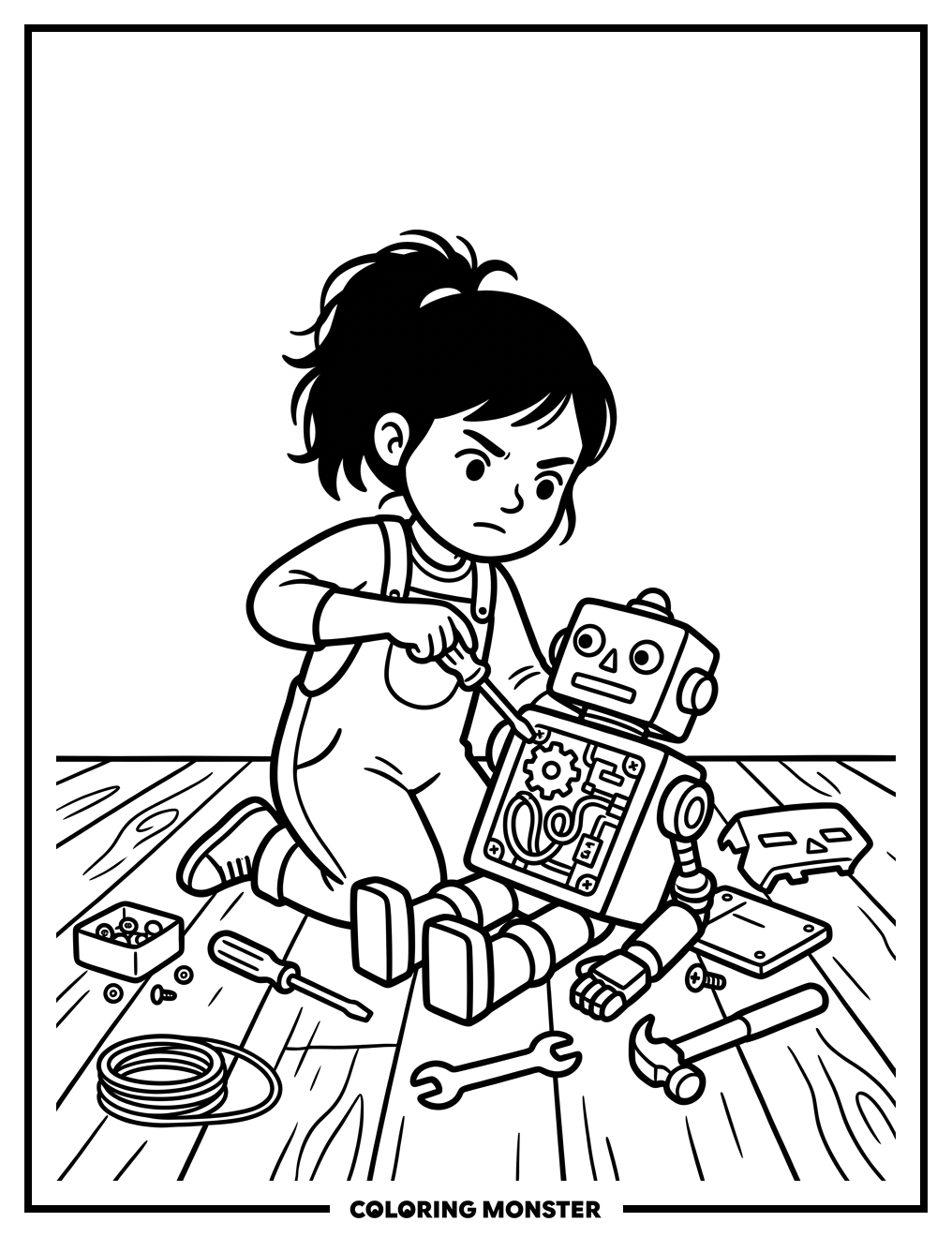 Girl Fixes Toy Robot Coloring Page
