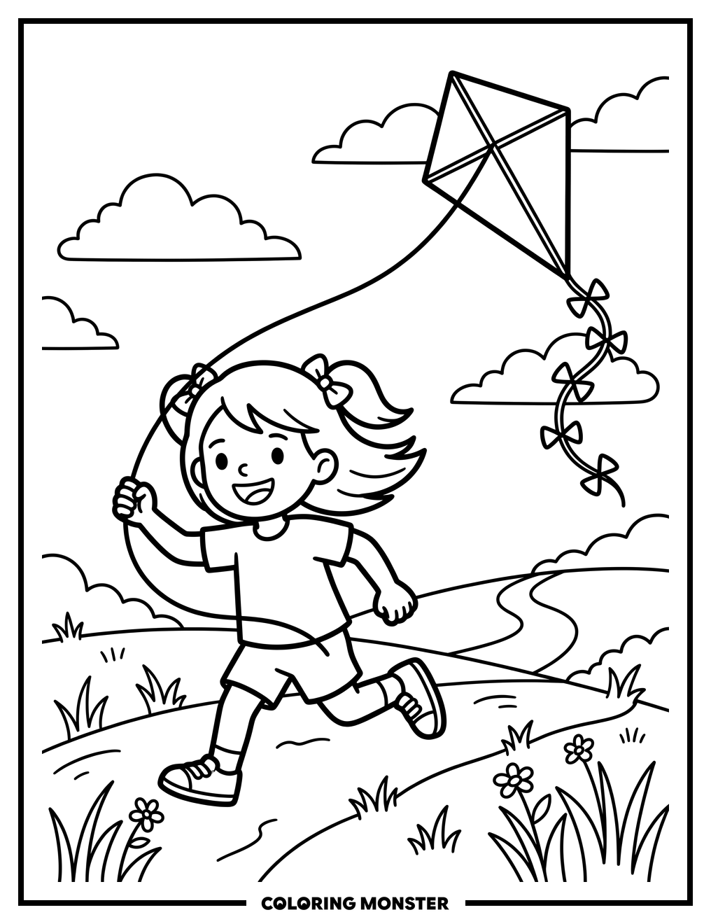Girl Flying a Diamond Kite Coloring Page