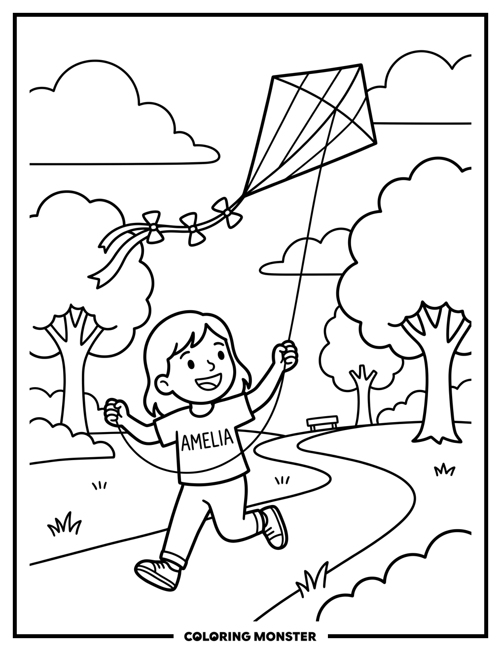 Girl Flying a Kite Coloring Page