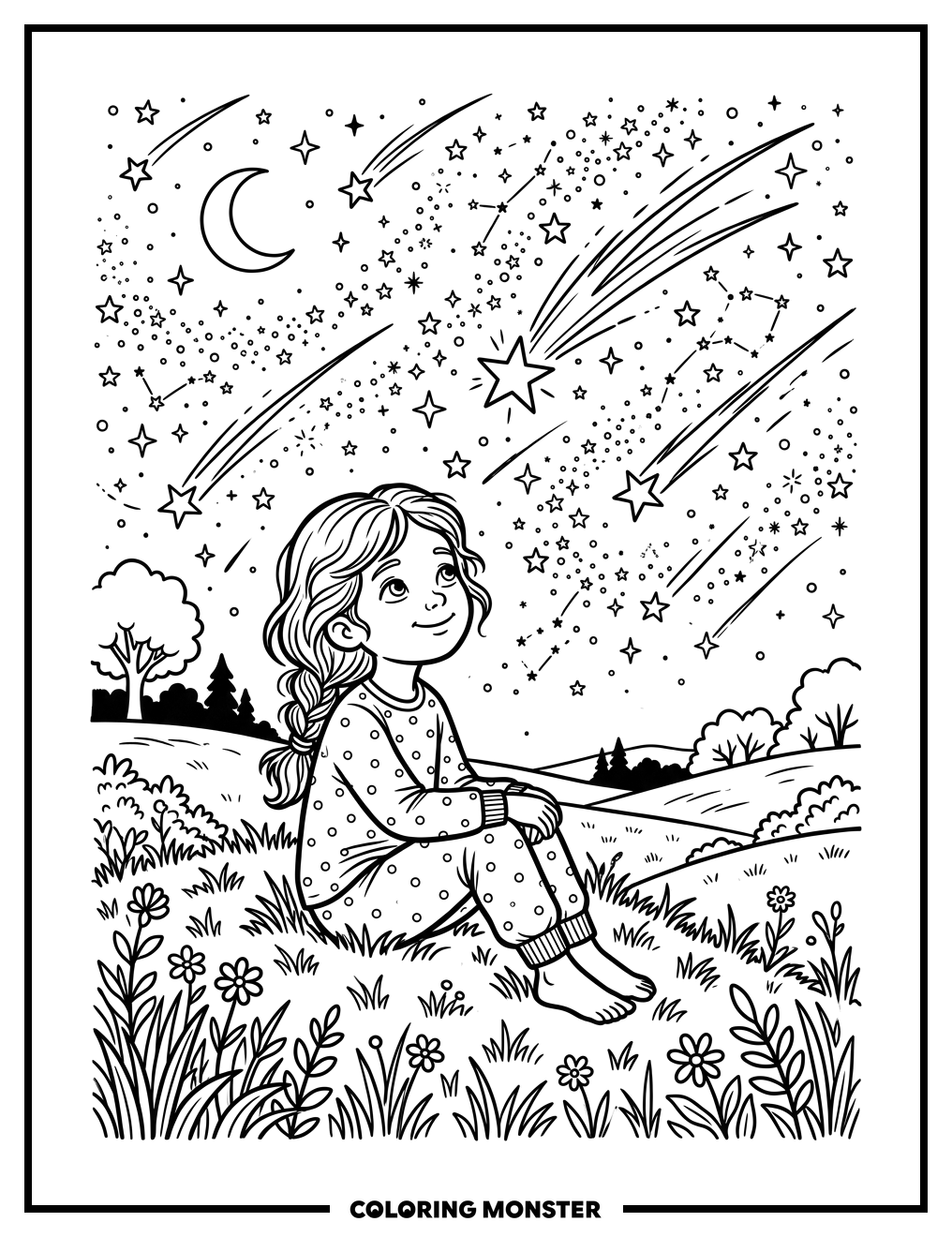 Girl Gazes At Starry Night Sky Coloring Page