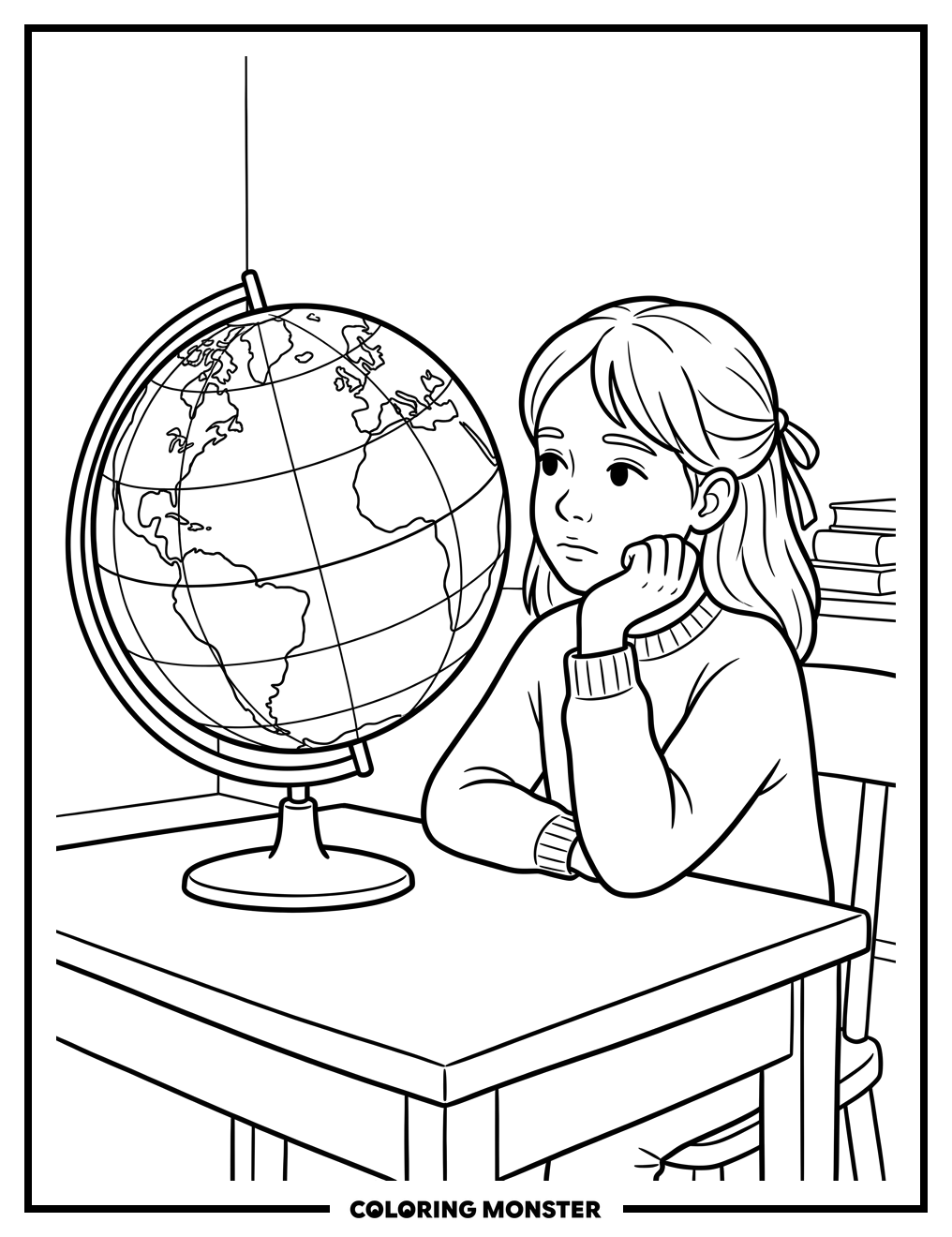 Girl Gazing at Globe Coloring Page