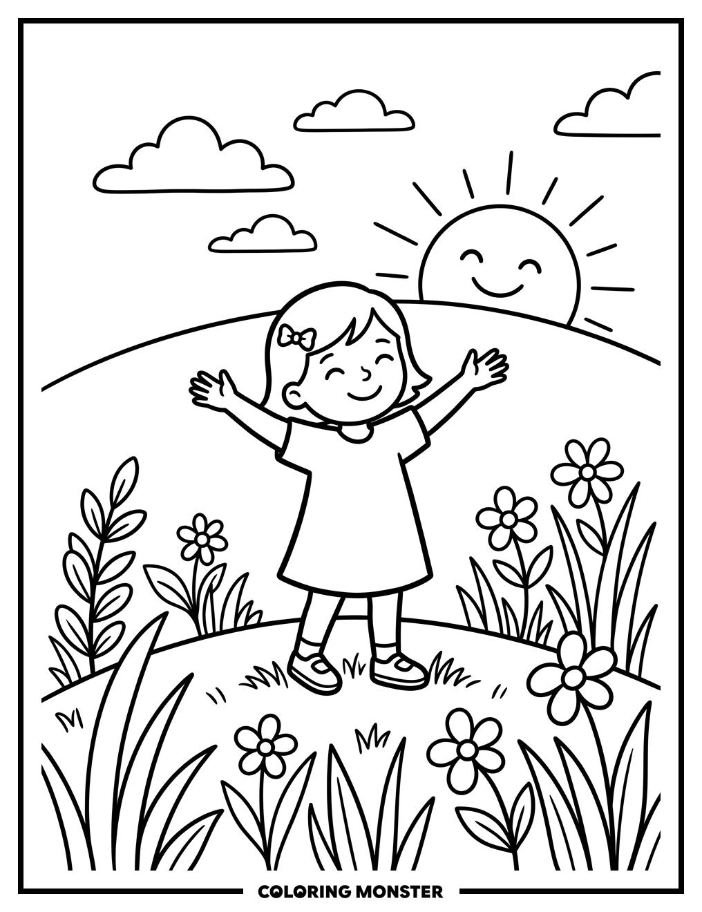 Girl Greets the Sun Coloring Page